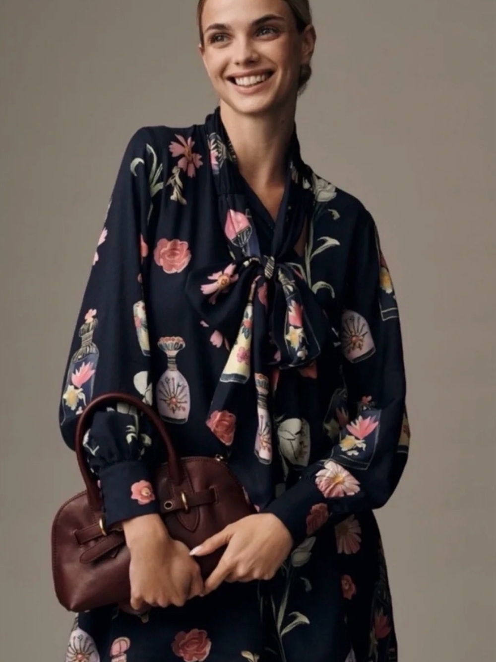 Anthropologie Maeve Long-sleeve Pussybow Floral Mini Dress